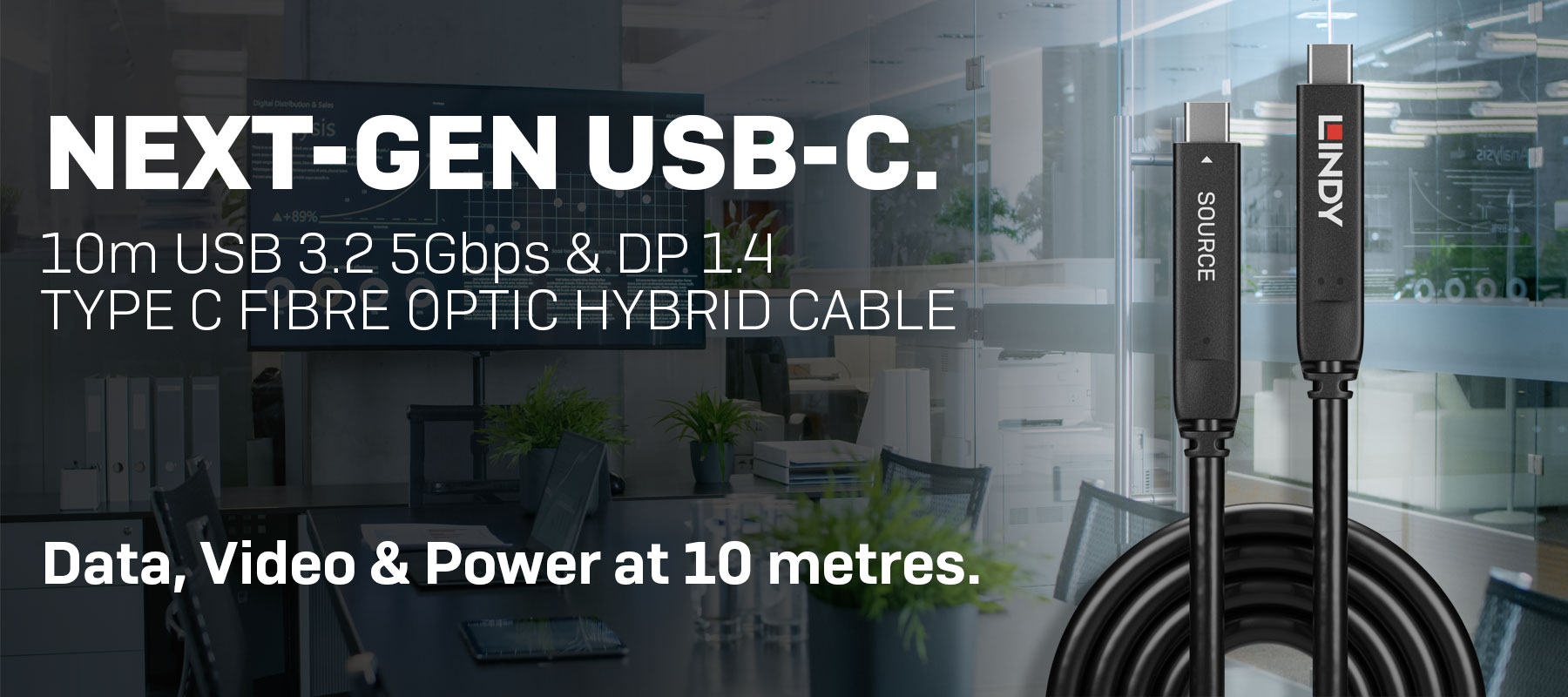 Lindy 10m USB 3.2 Gen 1 & DP 1.4 Fibre Optic Hybrid Cable